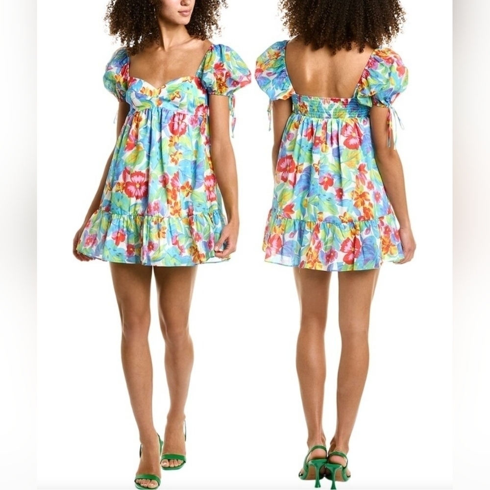 Amanda Uprichard Colorful Floral Puff Sleeve Sweetheart Flowy Sicily Mini Dress
